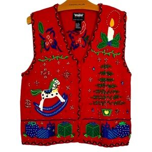 Vintage Christmas Embroidered Sweater Vest L